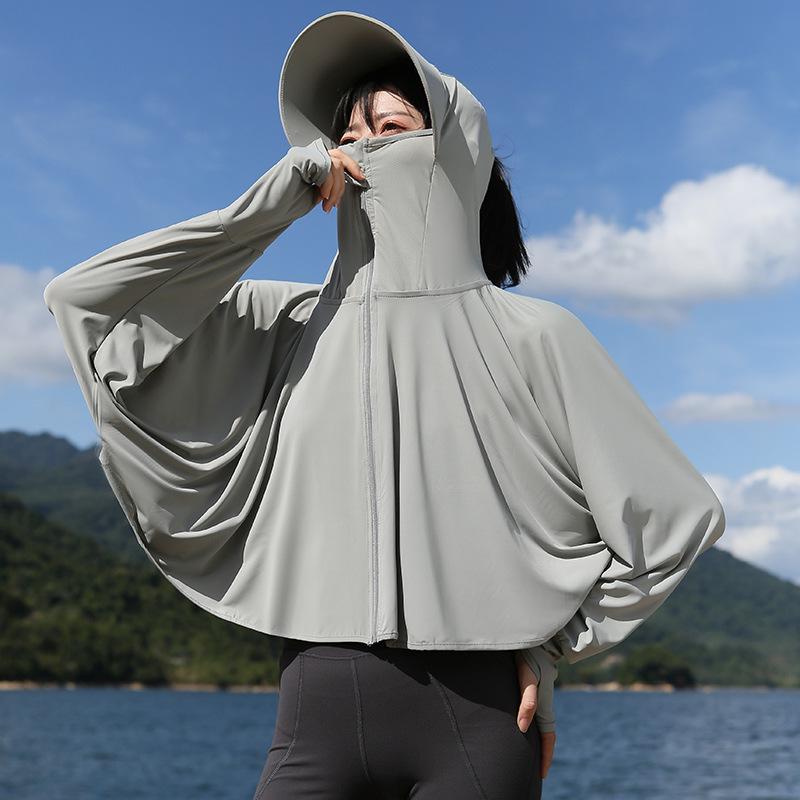 UPF50+ Anti-UV Black Sun Protection Shawl for Women, Breathable Ice Silk, Cooling Loose Fit.
