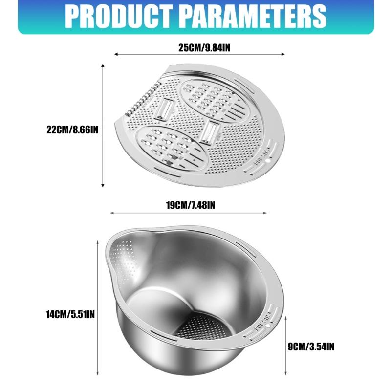 Steel Rice Washer Bowl with Side Drain Holes And Integrated Grater Small Colander for Cleaning Vegetable Bean Kitchen