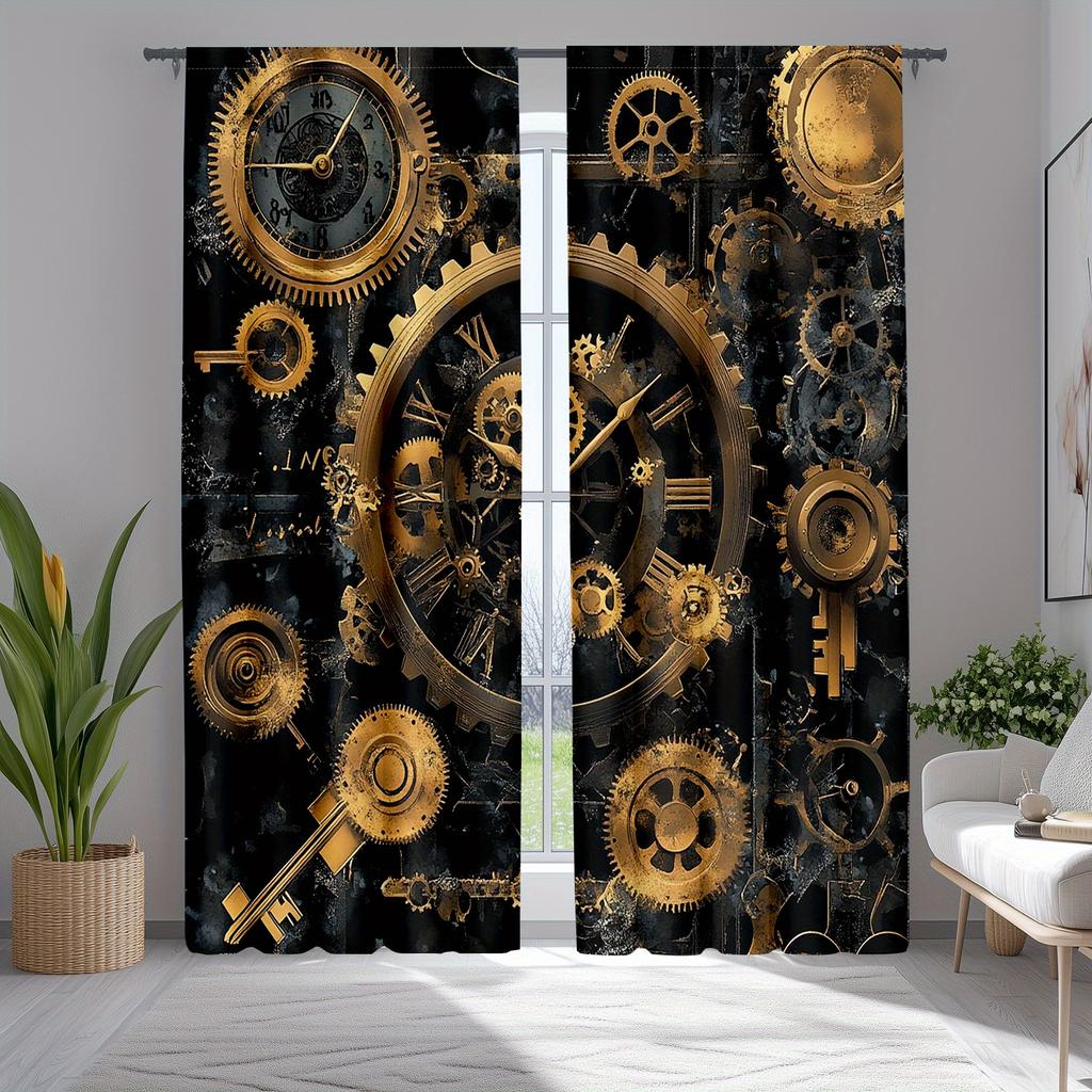 2 szt. Zasłony Artystyczne Steampunkowe Vintage - Industrialne Czarne ze Złotymi Kołami Zębatymi i Wzorem Zegara   Półprzezroczysty Poliester   Pranie w Maszynie