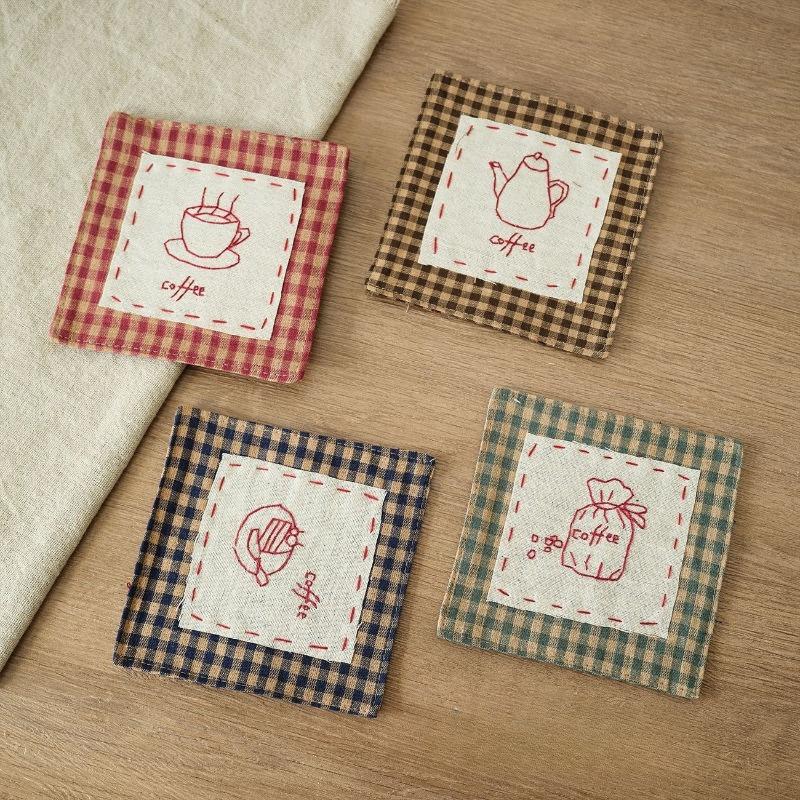 4PCS Cotton Linen Coffee Cup Mats Rustic Farmhouse Style Crochet Embroidery Coaster Absorbent Placemats for Kitchen Table Decor