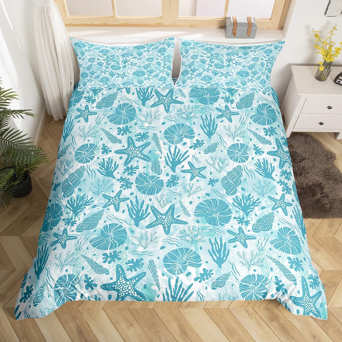 

Coastal Duvet Cover Twin Queen,Beach Fish Coral Bedding Set,Sea Ocean Theme Comforter Cover For Kids Teens Nautical Quilt Cover AU Single(140x210cm)