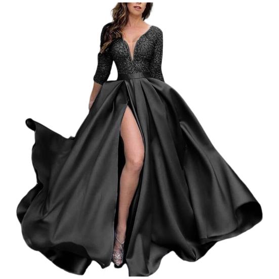 Deep V-Neck 45720 Sleeve Lace Splicing Waist Tight Mid-Rise Gown Dress Women Sequins
