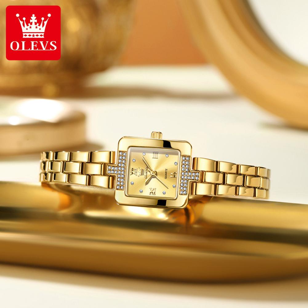 OLEVS Luxury Watch for Women Fashion Square Dial All Gold Steel Strap Original Quartz Women's Watch Waterproof Ladies Watch Set
