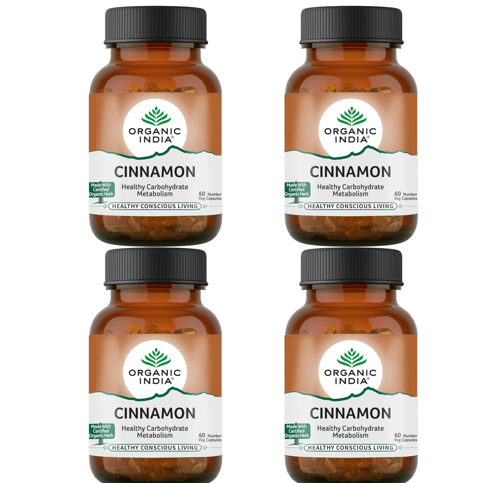

Organic India Cinnamon Capsules 60 Count X Pack of 4 with Free Tea Samples for Daily Wellness and Digestive Support