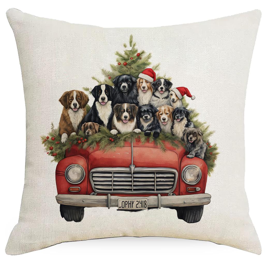 New Christmas Pillowcase Vintage Red Truck Cute Dog Christmas Tree Print Cushion Cover