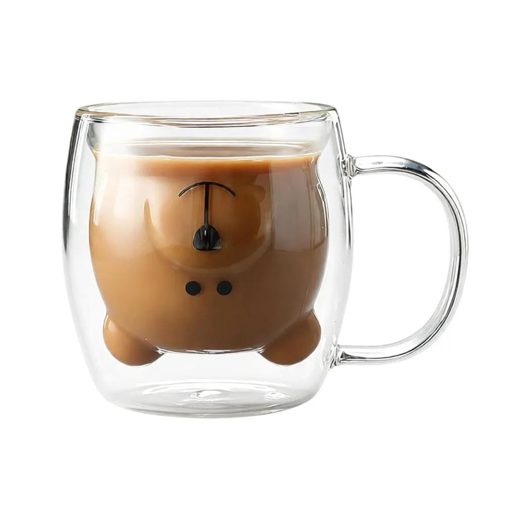 250-300ml Cat Mugs Double Glass Cup Large Capacity Portable Bear Cartoon Coffee Cup Tea Cups with Handle Glass Water Milk Mug