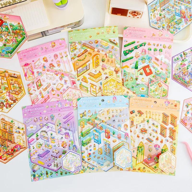 Cartoon Landscape Sticker Mini World DIY Pocket 3D Cabin Scene Stacking Pasting Christmas Birthday Gift for Kid Child