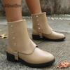 Fashion 2025 Autumn New British Style Women's Short Boots PU Leather Rivet Pull On Botines Mujer Buckle Strap Mid Heel Bottes Femmes 36