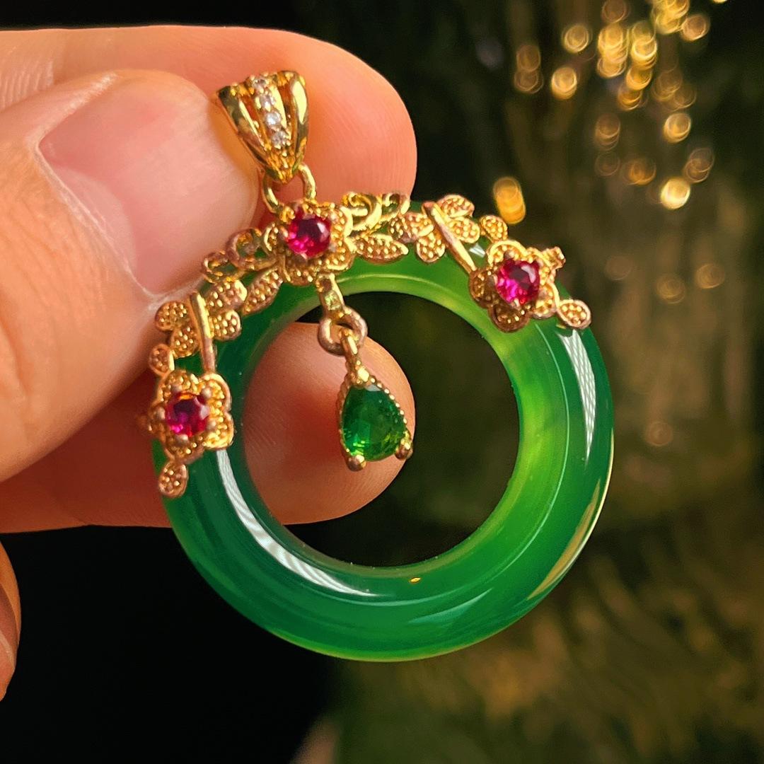 Полный Зеленый Ян Зеленый Натуральный Агат Зеленый Халцедон Подвеска Женская Открытая Слегка Инкрустированная, Реальная Съемка Точность