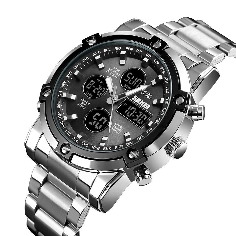 Skmei Military Sports Watches for Mens Analog Digital Display LED Waterproof Chronograph Three Time Zones Quartz Calendar Watch
