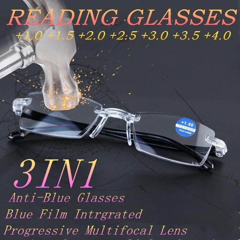 Men Women Rimless Reading Glasses Bifocal Far Near Anti Blue Light Magnification Eyewear Presbyopic Glasses Diopter