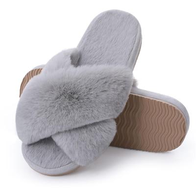 Mode Comwarm Mode Pelzige Hausschuhe Damen Flauschige Fell-Flip-Flops Schlafzimmer Fuzzy Flats Hausschuhe Dicke Sohle Überkreuzband Indoor-Schuhe