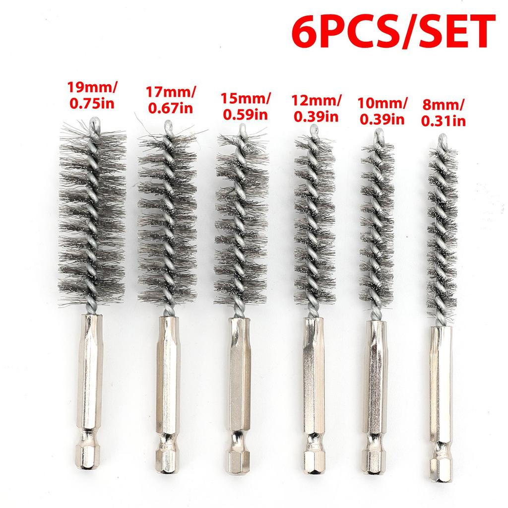 6Pcs Stainless Steel Wire Brush Drilling Cleaning Brush Set Hexagonal Handle Machinery Deburring Polish Rust Removing Tools