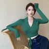Women Pullovers Tops Waist Cross Bandage Solid Color Long Sleeve Tops V-Neck Spring Autumn