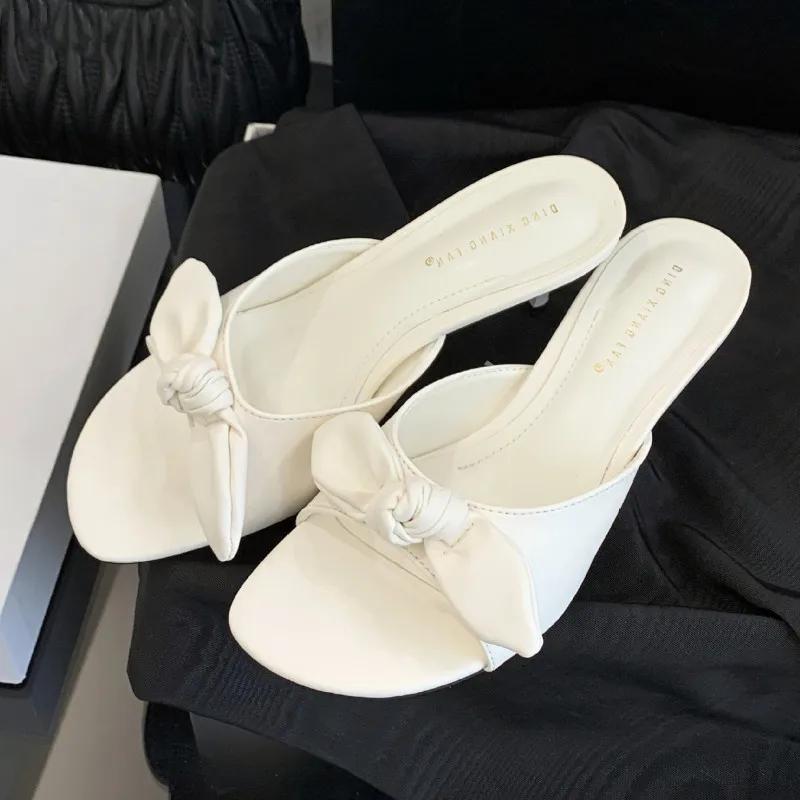 

Elegant Satin Butterfly-knot Design Brand Slippers Women Sexy Open Toe Thin Heel Slide Sandals Fashion Round Toe High Sandals 35 белый