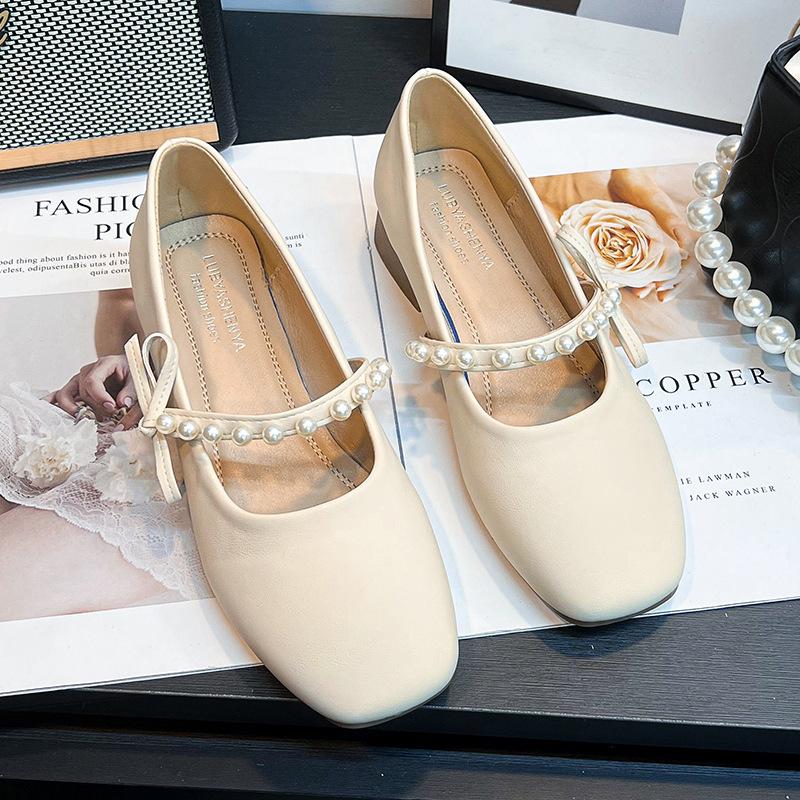 Mary Jane Single Shoes Women's Spring and Autumn 2025 New French Gentle Pearl Bow with Skirt Flat Beanie Shoes