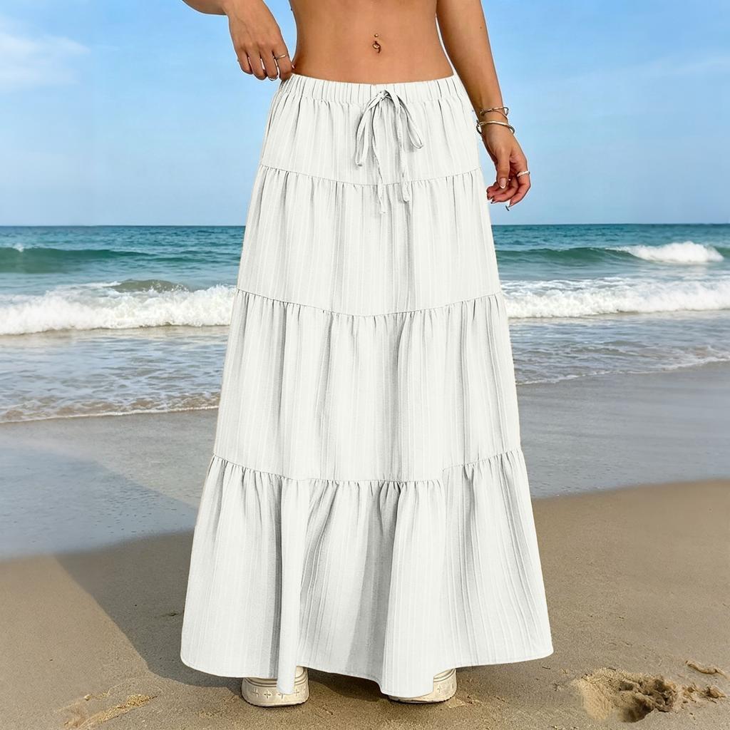 Women's Casual Elastic Waist Multi-Layer Maxi Skirt with Drawstring Adjustable Waistband Lightweight Long Skirt for Everyday Wear