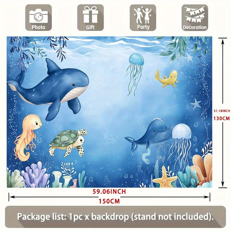 2D flat banner, single-piece underwater birthday background, distinctive marine creatures, corals and underwater theme