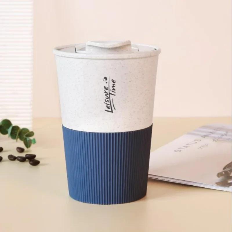 1PCS Portable Coffee Cup Double Wall Mug Wheat Straw Material Plastic Travel Water Cup with Lid for Women Men Drinking Cup Gift