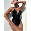 Black Knite One Piece Swimwear with Chest 2026 Women Patchwork V Neck Push Up Tummy Control Swimwear Beach Bathing Suit Monokini