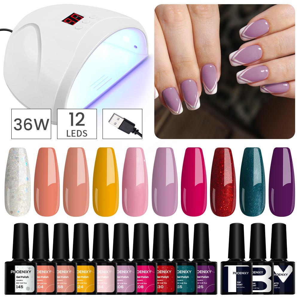 

PHOENIXY Гель Лак для ногтей Набор с сушилкой для ногтей Лампа 10PCS Маникюр Блеск Гель Лак для ногтей Набор Полуперманентная гибридная лаковая основа и превосходный нейл-арт