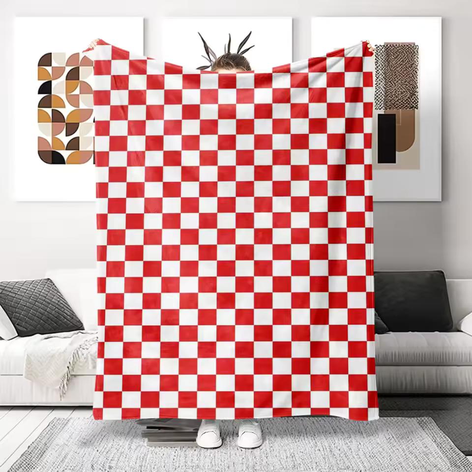 1pc Red And White Classic Checkered Flannel Printed Blanket, Home Decor Throw Blanket for Bed And Office Nap, Travel Soft Campin