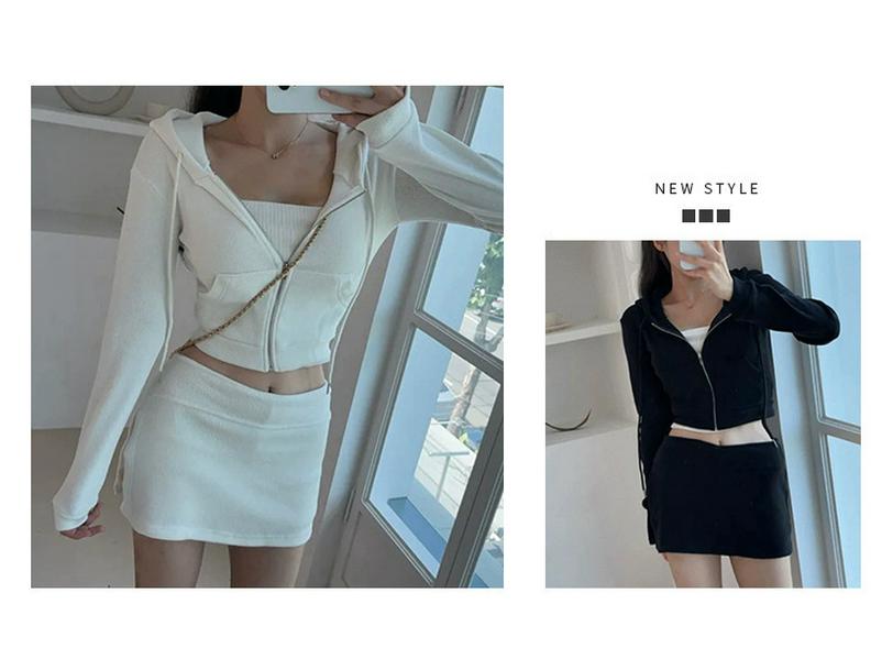 Korean Slim Sexy Cropped Hooded Cardigan & Low-Rise Skirt Set for Women