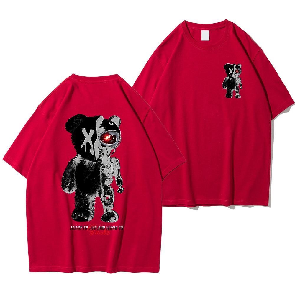 Bomull Halv en teddybjørn, halv en robotbjørn trykt herre-t-skjorte avslappet bomull sommerklær pustende topper løs mote t-skjorte
