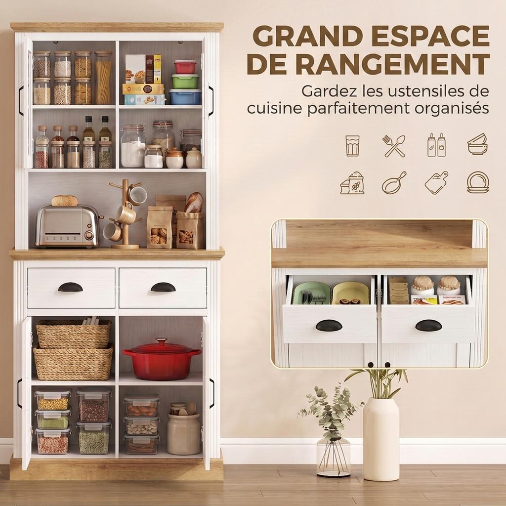 High Kitchen Sideboard, 4 Doors, 2 Glass, 2 Drawers, Worktop, Adjustable Shelves, White