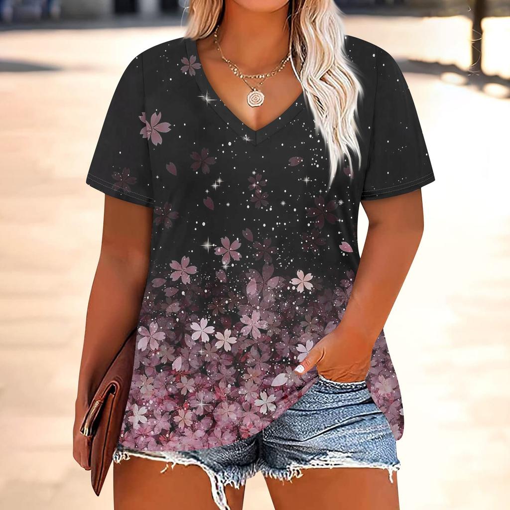 Gradient stripes Pattern Summer Loose Women's T-Shirts Casual Comfortable Loose V-Neck Short-Sleeve T-Shirt