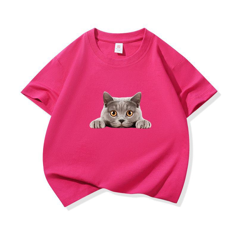 Kids Cotton T Shirt Peeking British Blue Cat Pattern Print Crew Neck Short Sleeve Tee Casual Breathable Boys Girls Summer Tops