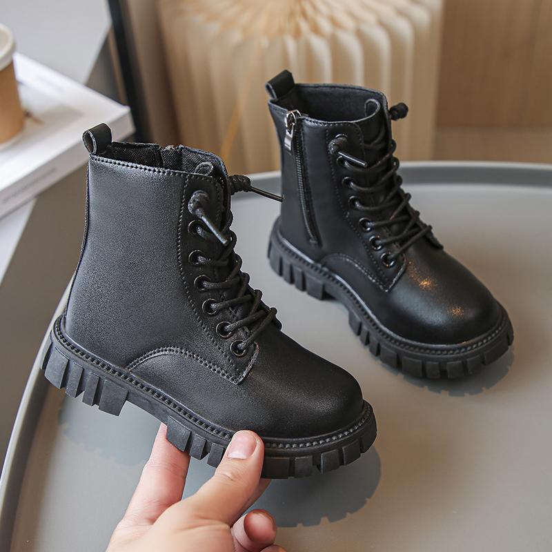 Children's Platform Ankle Boots Spring Autumn Girls Causal Black Leather Boots Fashion Non-slip Kids School Thick Bottom Boots