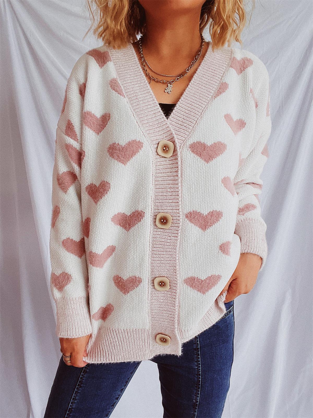 

New Winter Valentine s Day Sweater Cardigan Love Knitted Medium Long Sweater Jacket for Women 3555 S рожевий