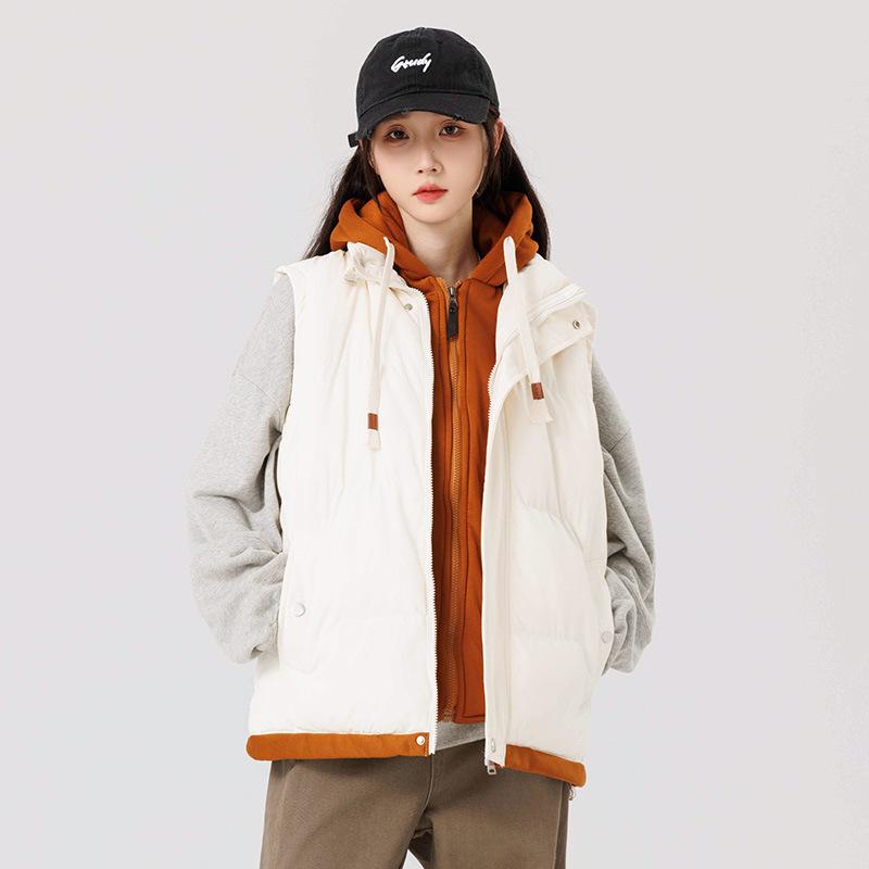 Youth graphene down cotton jacket vest men's autumn and winter middle school students fake two loose couple hooded jacket