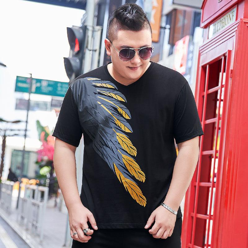 200 Pounds Men's Plus Size Plus Size Printed Short-sleeved T-shirt Fat Guy Melon Seed Collar Thin Section T-shirt Youth Bottoming Shirt Summer