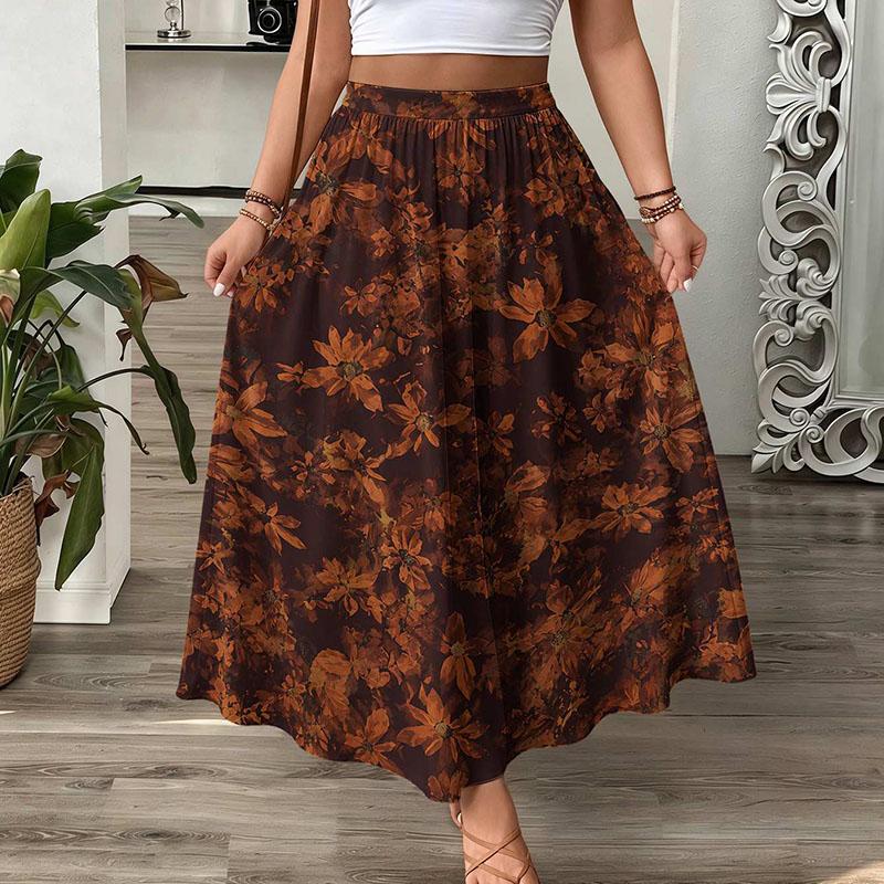 Vintage Floral Maxi Skirt Women High Waist A-Line Boho Resort Flowy Long Skirt