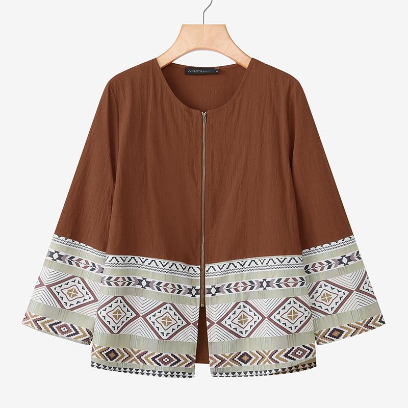 ZANZEA Women Casual Round Neck Long Sleeve Ethnic Print Loose Zipper Blouse