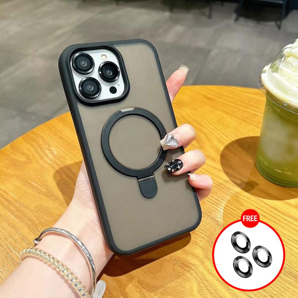 Matte Ring Holder Glass Lens Phone Case For iPhone 16 15 14 13 12 11 ProMax Plus For Magsafe Wireless Magnetic Hard Bumper Cover