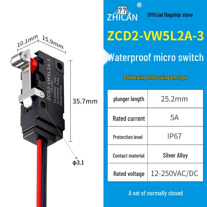 IP67 Waterproof Micro Switch, 5L1B/5L2A/5L3 Models, Straight Lever Roller, 1 NO/1 NC Limit Switch.