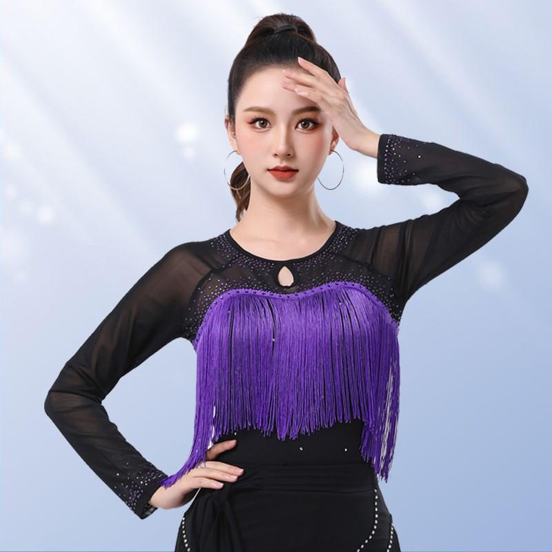 Womens Latin Dance Top With Fringe Rhinestone Embellishment Long Sleeve Modern Ballroom Costume