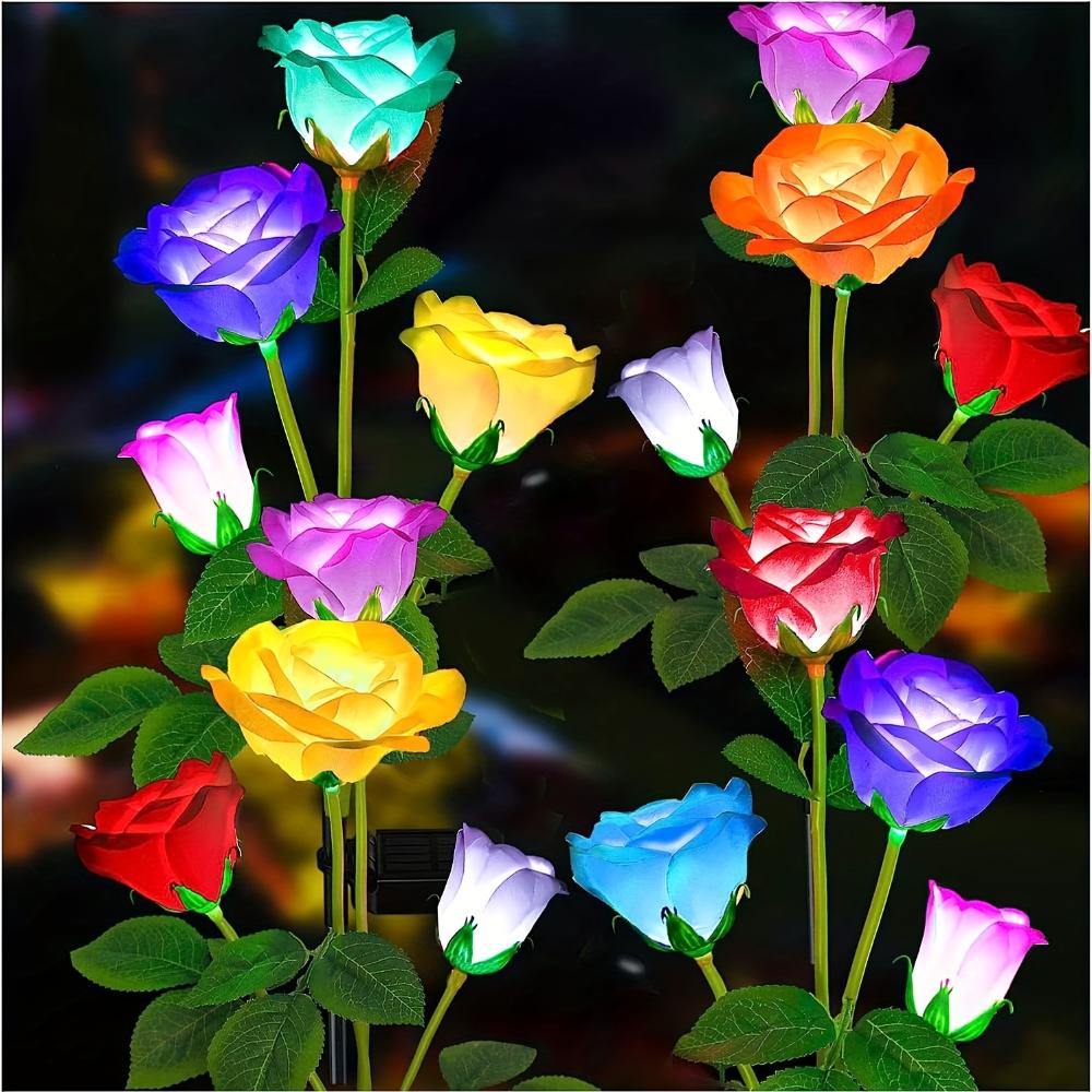 Solar Garden Lights - Outdoor Solar Lights, 7-Color Color Changing Rose Lights, Garden Decor, Enlarged Solar Panels, More Realistic Roses
