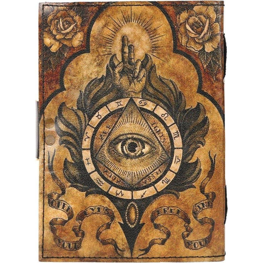 Drittes Auge Buch der Zaubersprüche - Ledergebundenes Grimoire-Tagebuch mit Büttenpapier | Hexerei-Zubehör, Zauberspruch-Notizbuch, Tagebuch für Männer & Frauen