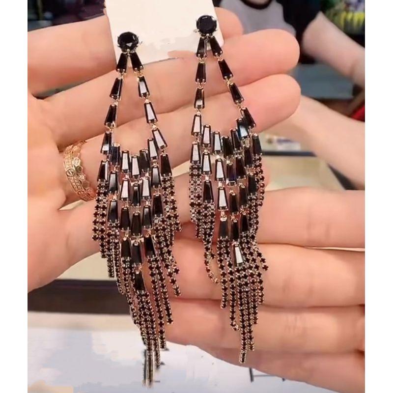 

Fashion Style Long Black Zircon Tassel Stud Earrings 925 Silver Pin Earrings High-End Cold Style Exaggerated Long Eardrop Gold Bottom Black