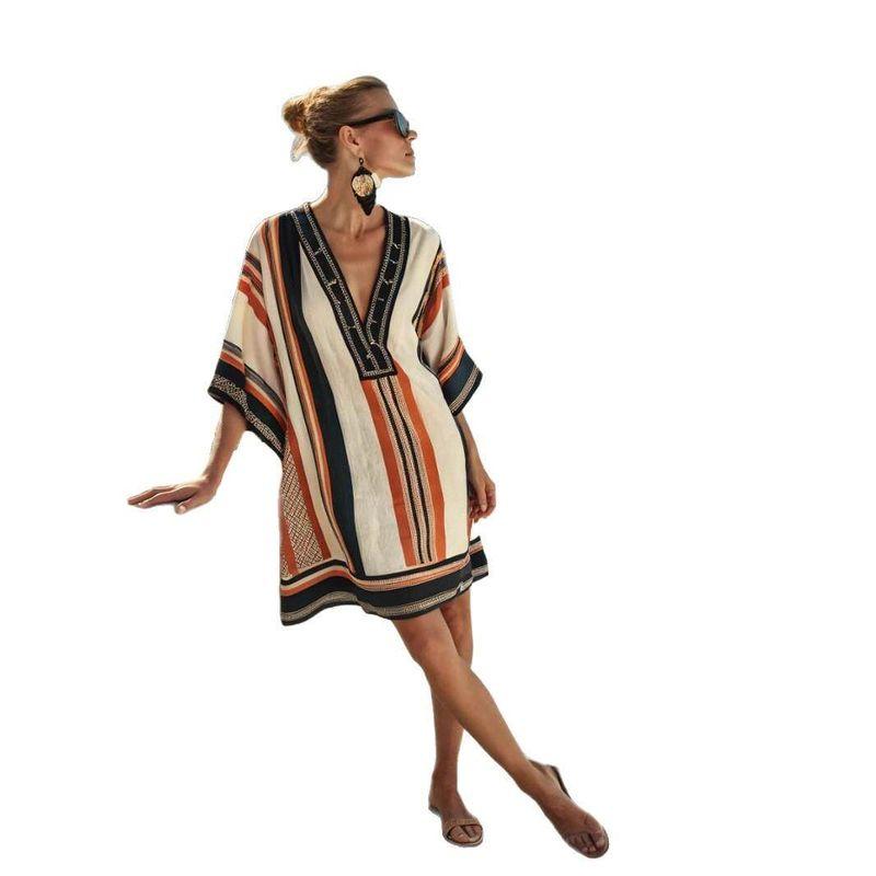 New Amazon Women's Clothing Super Fairy V-Neck Dress Seaside Vacation Beach Dress Printed Loose Mid-Length Dress