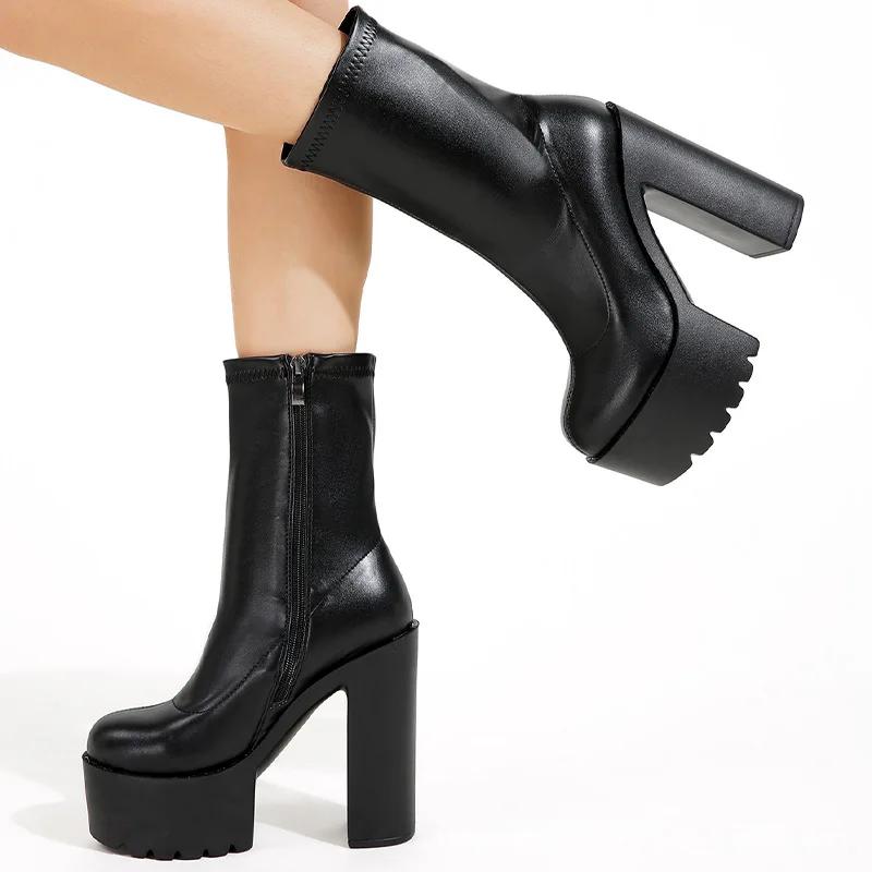 Fashion 14CM Women's Sexy Winter Black Boots Platfrom Boot Women Fashion Shoes Thick High Heel Boots Black Ankle Boots heels women