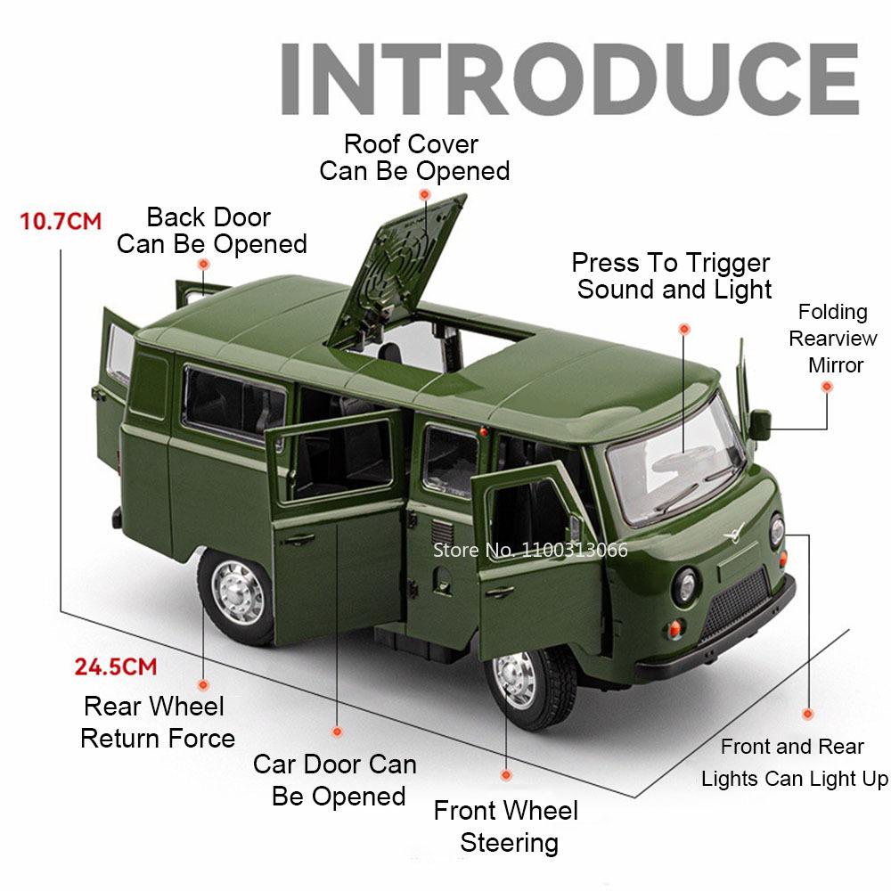 1:18 rosyjskich zabawek UAZ-452 Hunter, modele diecast z dźwiękiem i światłem, otwierane drzwi vana, miniaturowy pojazd, prezenty na Dzień Dziecka