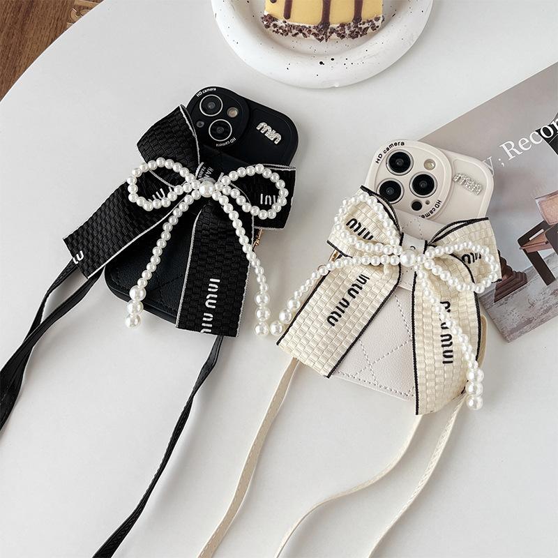 Pearl Bow Zero Wallet Card Case for IPhone 16 Promax Crossbody Strap for Apple 17 Anti Drop