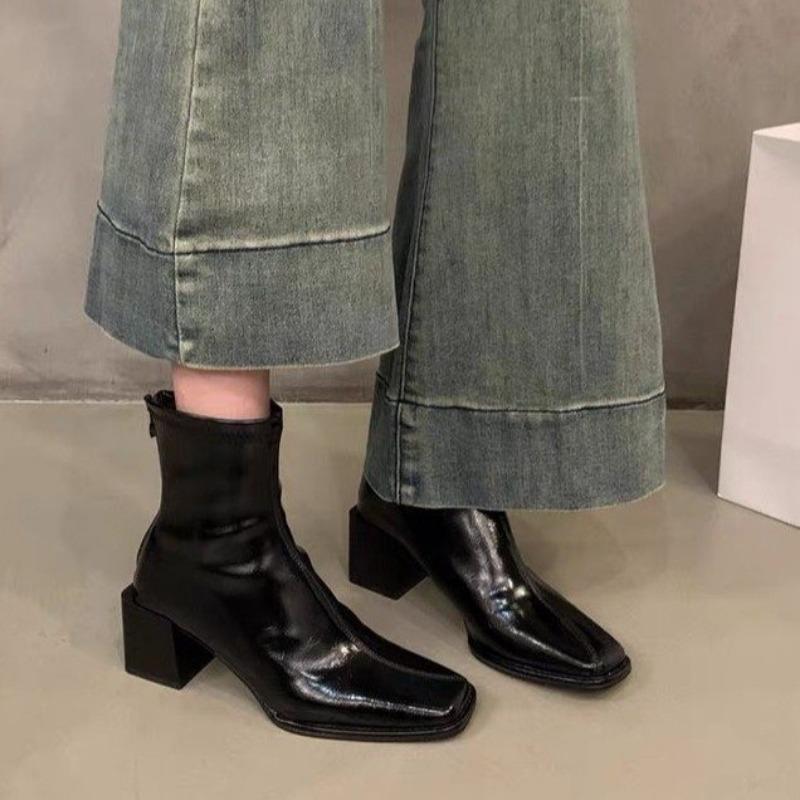 Fashion Platform Boots Women Square Heel Femmes Bottes Solid Fashion Slip On Elastic Ladies Shoes Short Plush Women's Ankle Boots Winter