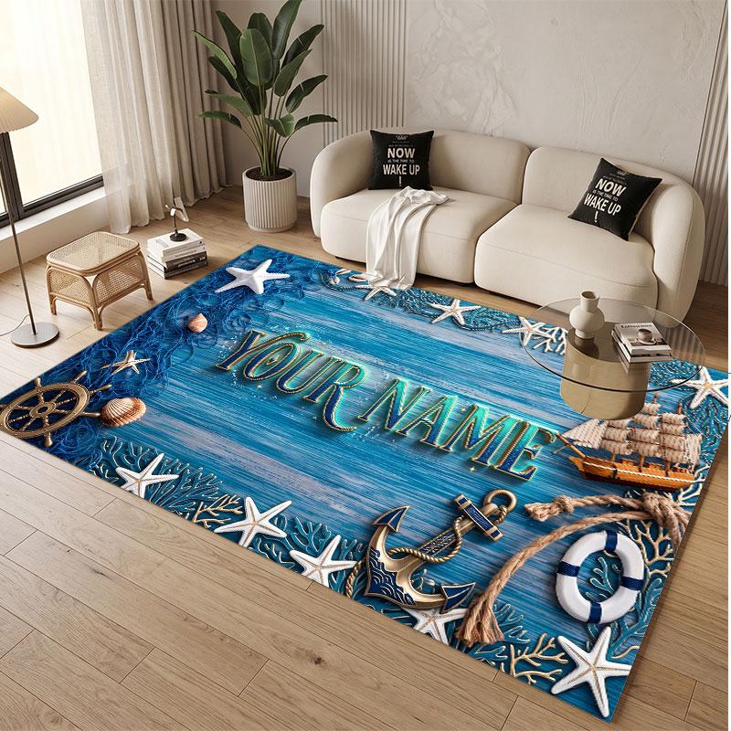 Fish Ocean Theme Soft Crystal Velvet Rug Custom Name & Text Print Non Slip Floor Rug for Bedroom Living Room