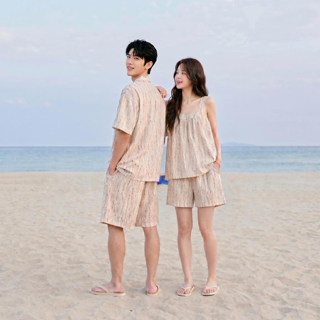 Baby Cotton Summer Camisole: A-Class Pure Cotton Double Layer Gauze Couple Pajamas - Women's Short Sleeve & Men's Set